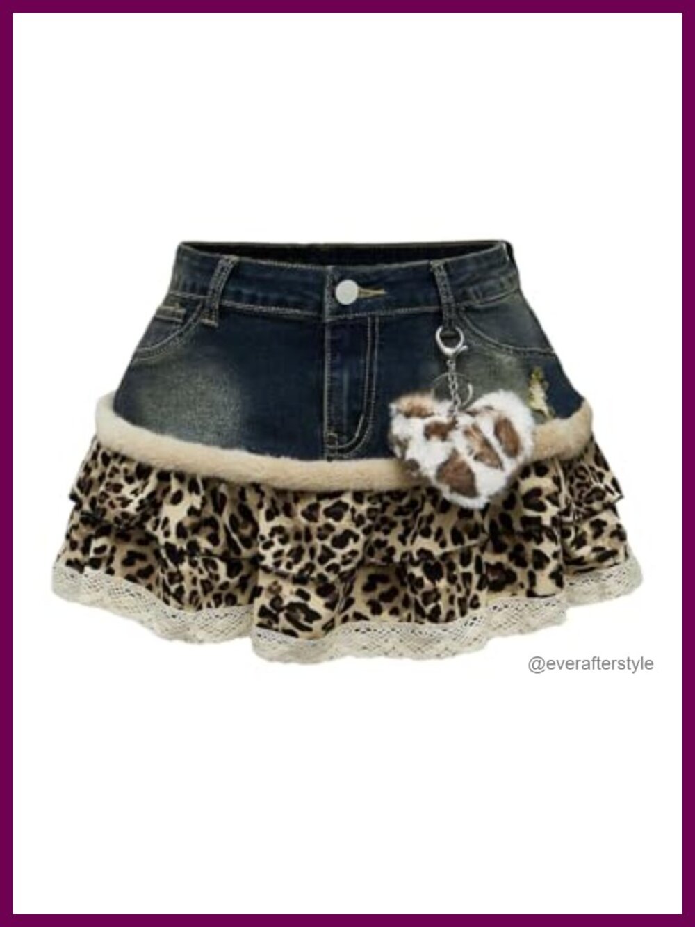 Y2k Leopard Print Denim Mini Skirt Fuzzy Ruffle A Line Low Rise
